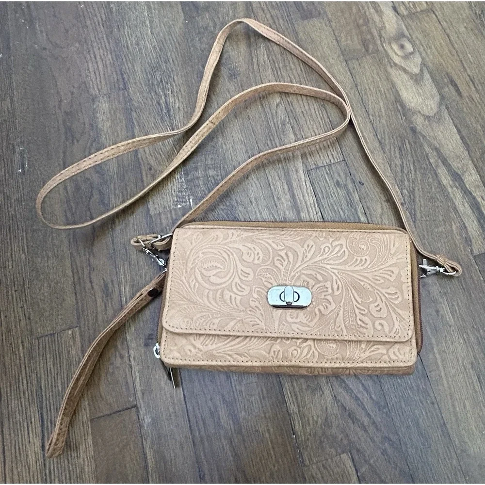 Bueno of California Embossed Floral Wallet on a String Crossbody Bag Tan